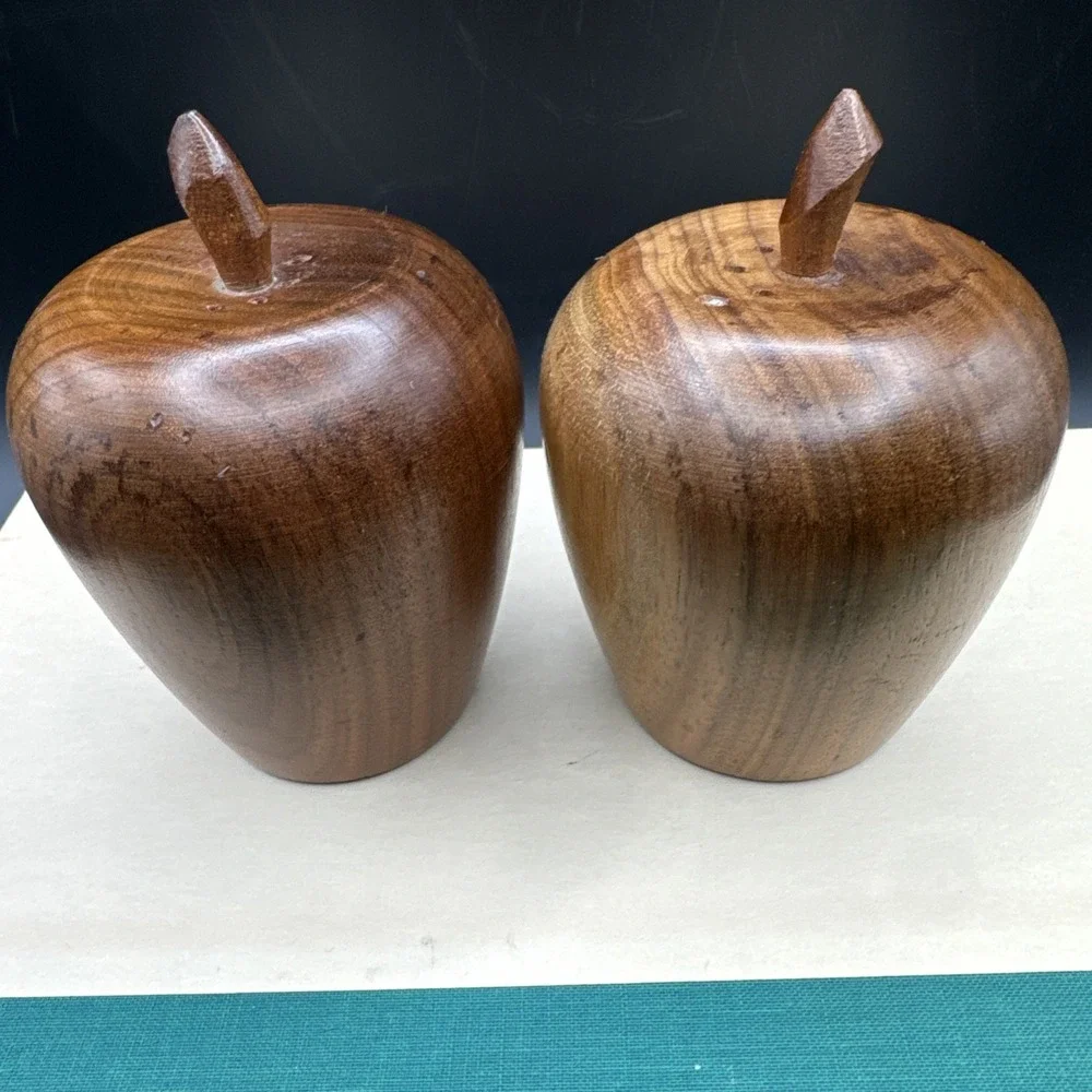 Salt & Pepper Shakers Set Carved Apple Wood w Cork‎ Stoppers Vintage 60s MCM